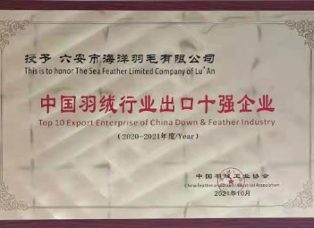 公司再次荣获“中国羽绒行业出口十强企业”  荣誉称号